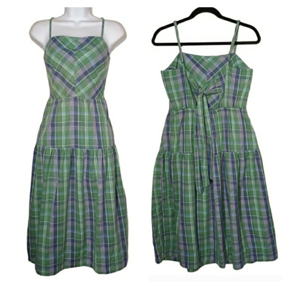 FREE ASSEMBLY Green Blue Plaid Print  Midi A-Line Small Dress